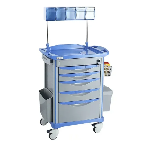 Medical ABS anesthesia cart with 5 drawers (2 small + 2 medium + 1 large), IV pole, and locking casters