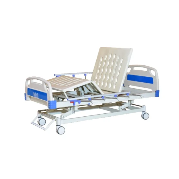 Close-up of ABS hanging headboard with IV pole mounts and nurse call system integration