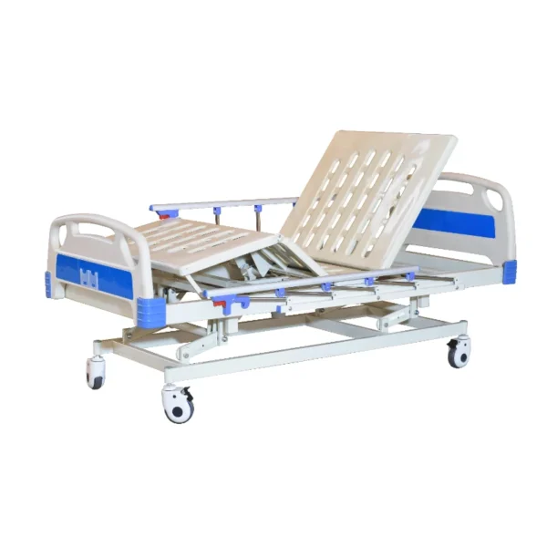 Electric tri-function care bed with ABS head/foot panels, 8cm blue mattress, and 440-660mm height adjustment