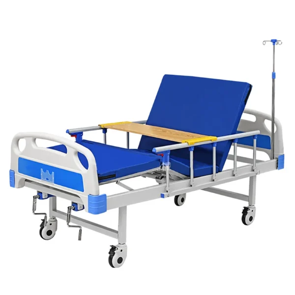Elderly patient using adjustable overbed table during meal with backrest at 75°
