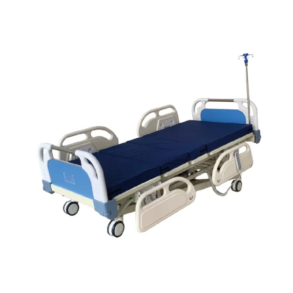 Modern electric medical bed with 5 motorized functions: backrest/legrest/height/tilt/CPR. Features siderails, IV pole & handheld remote. ICU-grade mattress included.