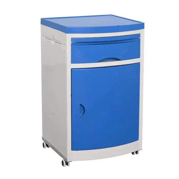 ABS medical bedside cabinet with 3 drawers, locking casters, and antibacterial surface for hospital patient room storage