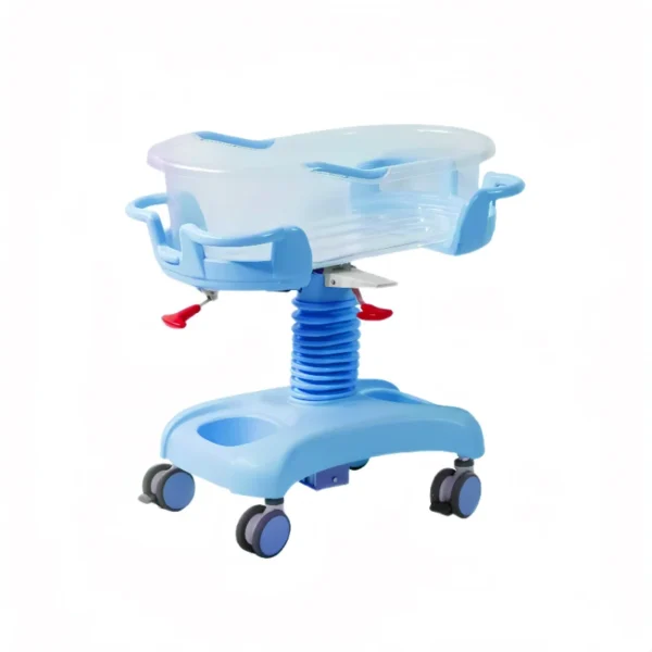 Close-up of medical baby cot's antimicrobial mesh wall, IV pole mount, and one-hand release safety rail lock