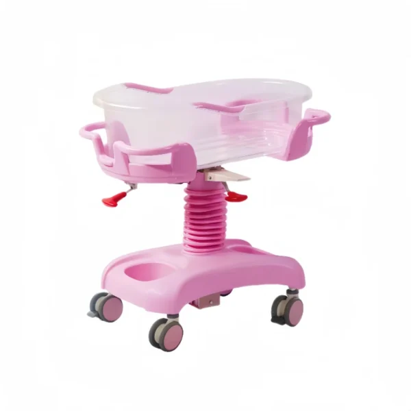 Hospital-grade adjustable baby cot with antimicrobial mesh sides, 4-level height settings, IV pole mounts, and locking casters for neonatal care