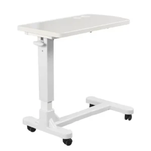 height-adjustable medical table (840-1040mm) with ABS desktop, pneumatic lift, steel frame, locking casters for hospital dining/therapy use