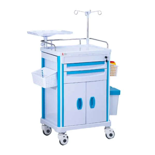 Medical ABS emergency crash cart with double doors, rotating defibrillator platform, height-adjustable IV pole