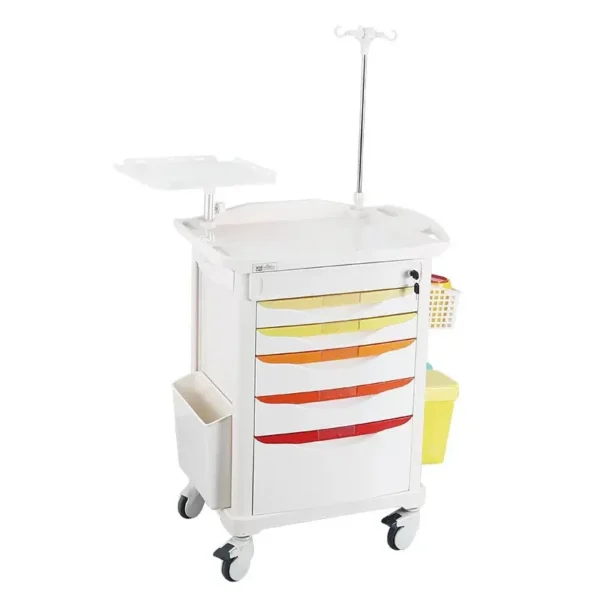 ABS emergency crash cart with 5 drawers (2 small, 2 medium, 1 large), dual waste bins, defibrillator shelf & IV pole. Red body with clear medical labeling.