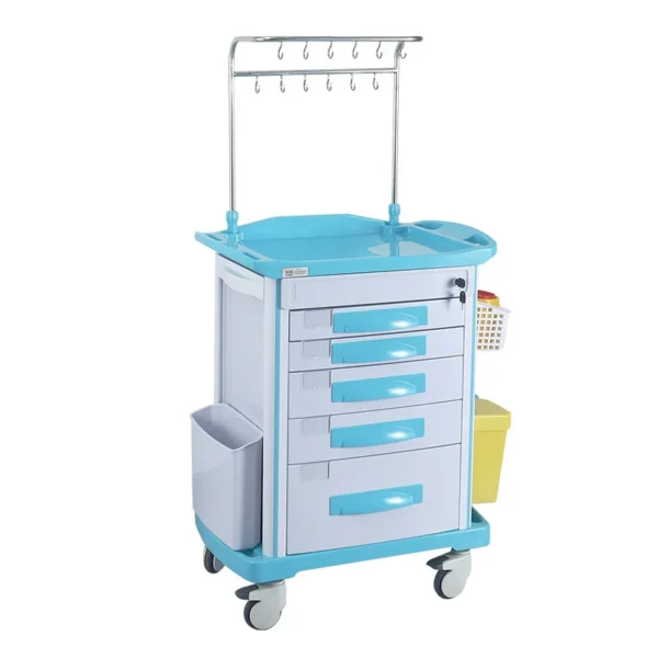 White ABS plastic medical infusion cart with 5 drawers (2 small, 2 medium, 1 large), dual waste bins for clinical/domestic waste segregation. Dimensions: 75x48x92cm.