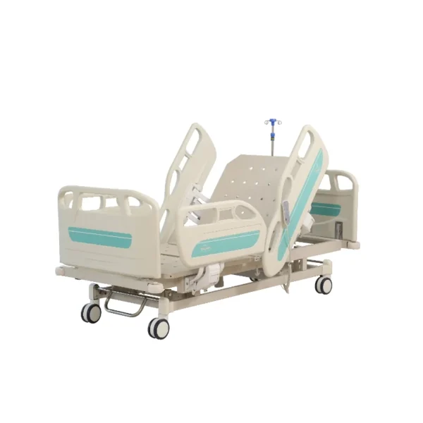 Electric 4-function medical care bed with adjustable backrest, leg rest, height, and synced movement