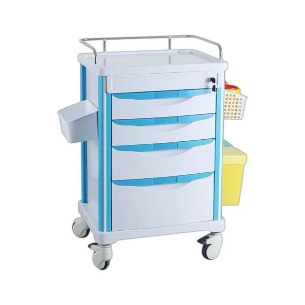 Space-efficient ABS medication cart (62x47x92cm) with 5 drawers (2 small, 2 medium, 1 large), dual waste bins & IV pole. Red finish for emergency visibility.