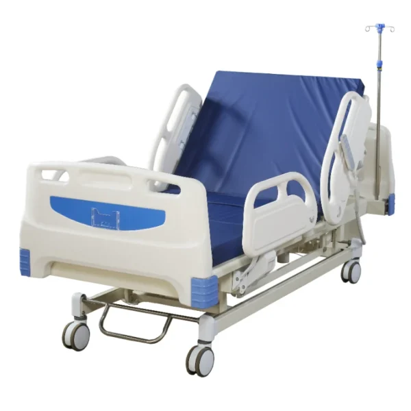 Electric ICU hospital bed with 5 functions: backrest elevation, leg rest adjustment, CPR release, tilting, height control