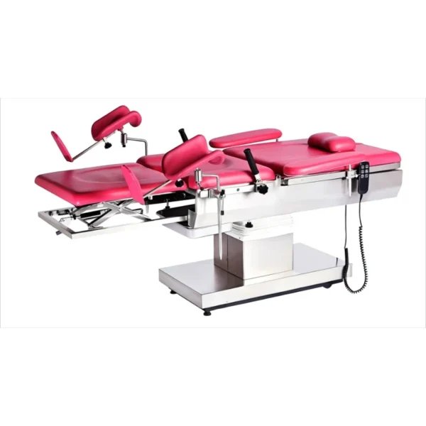 Medical-grade electric delivery bed with 3 motorized functions, SS304 stainless steel frame, and obstetric accessories.