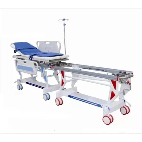 Medical transfer trolley with adjustable backrest & height, PP guardrails, and silent wheels for hospital patient transport
