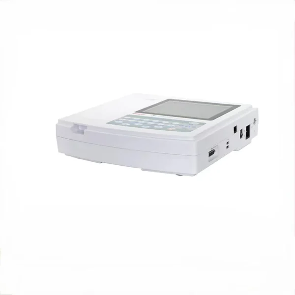 Nurse performing ECG test with 12-lead machine printing patient report
