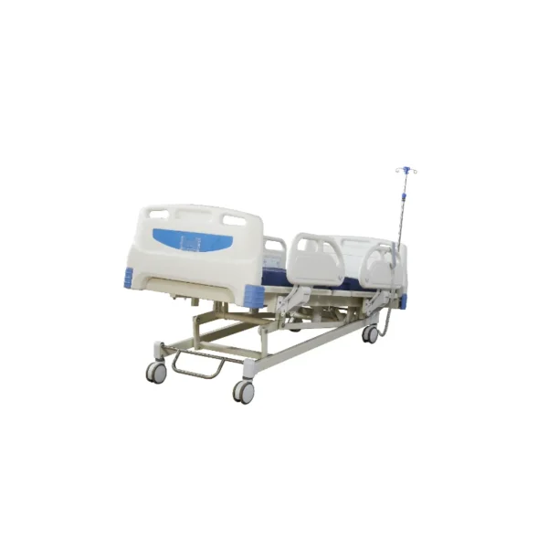 ICU hospital bed with 4-side railings, IV pole mounts, and anti-decubitus mattress compatibility