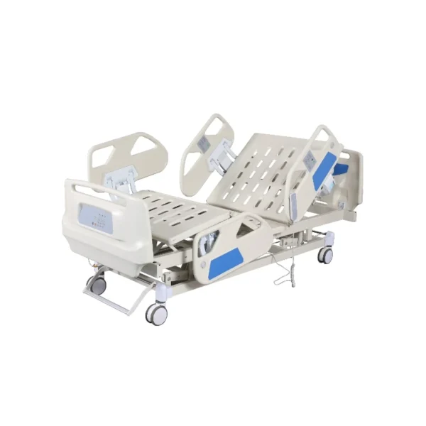 Electric nursing bed with dual side control panels, foot panel, and handheld remote for easy adjustments