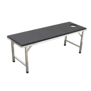 Full view of standard professional massage/exam table (190.5L x 60W x 68H cm) featuring 16cm ventilation holes and upgraded imported non-slip silicone padding.
