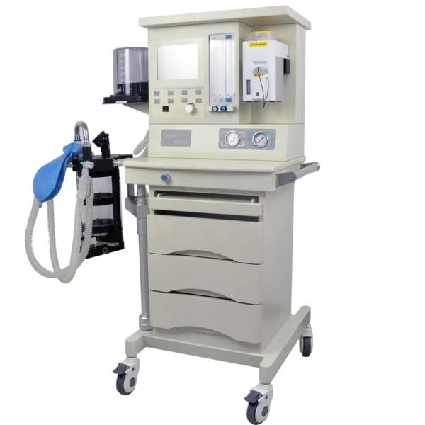 Compact anesthesia machine with 8.4" TFT display, built-in ventilator, and three storage drawers