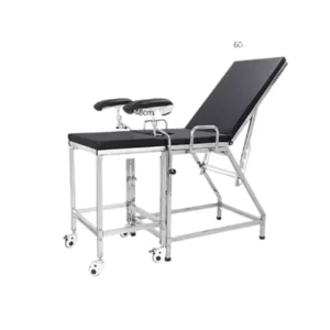 Full view of professional stainless steel obstetric examination bed with adjustable backrest, leg supports, medical leather upholstery, and 4-wheel system (2 brake + 2 swivel casters).