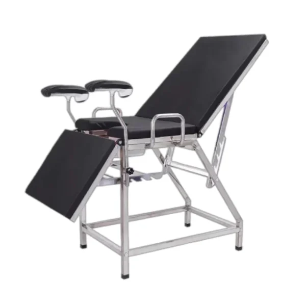 Stainless steel obstetric examination bed featuring adjustable backrest, leg supports, medical-grade leather upholstery, utility opening, and 2 brake casters + 2 swivel casters.