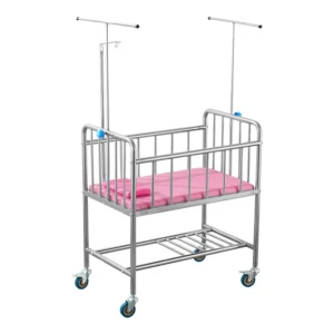 Stainless steel medical baby stroller featuring IV pole, mosquito net rods, adjustment knobs, welded frame, mattress, and bottom storage shelf with brake wheels.